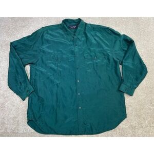 Vtg My Silk Mens XL Green Long Sleeve 100% Pure Silk Button Down Shirt